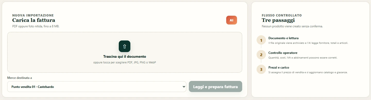 Interfaccia reale per caricare una fattura PDF o una foto, selezionare il negozio e verificare i dati estratti